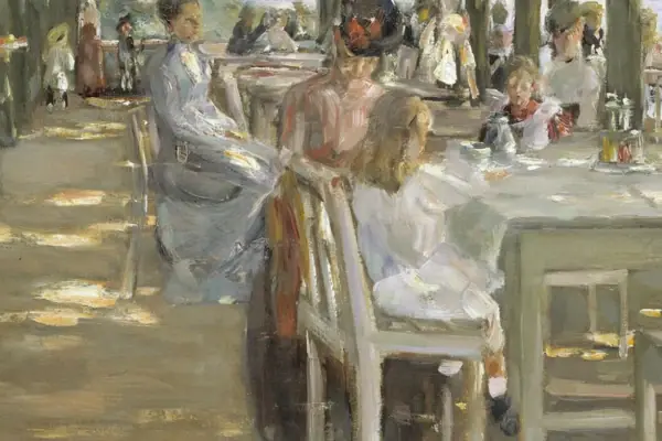 Gemälde von Menschen, die an Tischen unter Bäumen sitzen