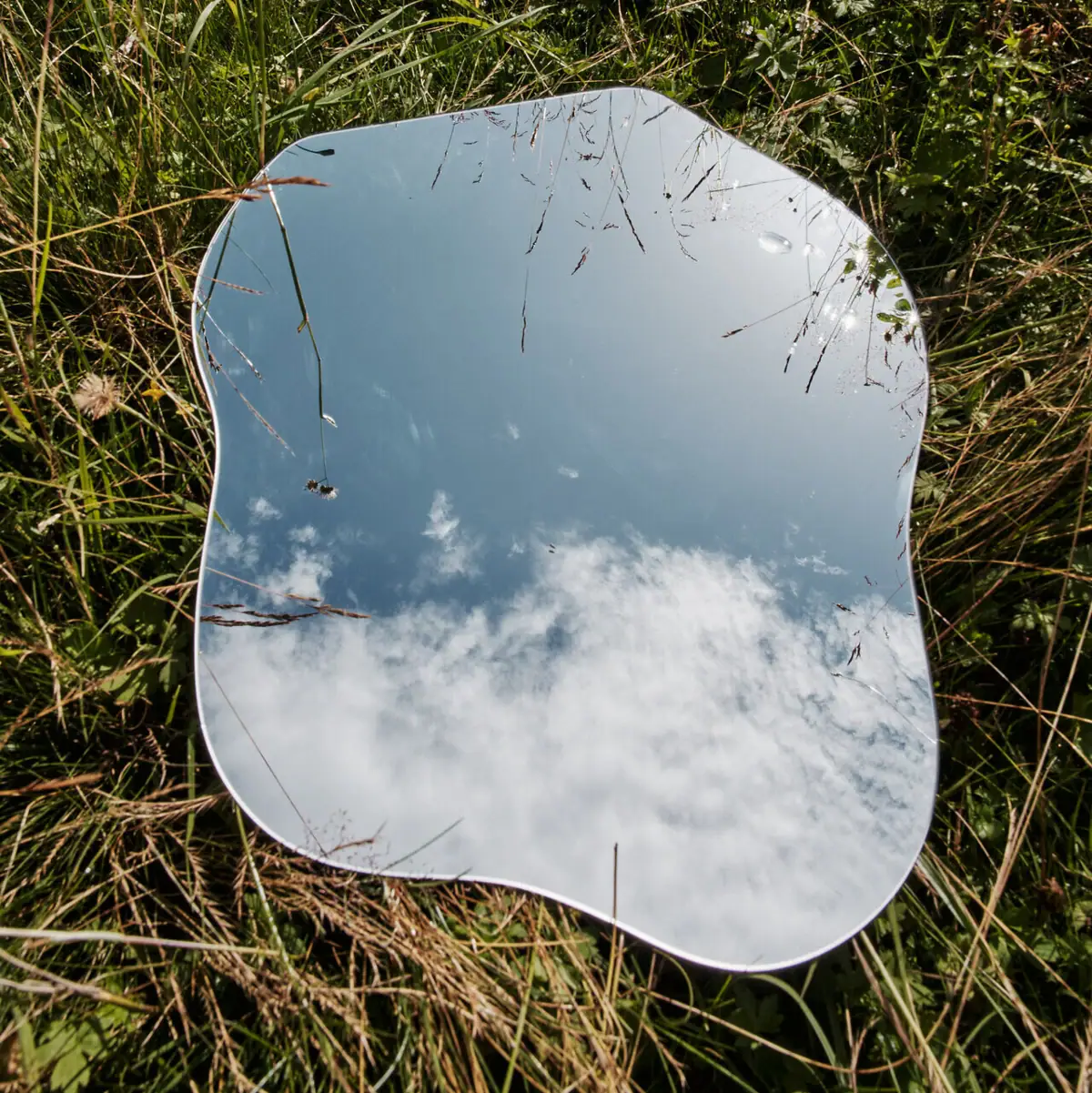 Nachhaltigkeit Ein Spiegel liegt im Gras und reflektiert den Himmel.