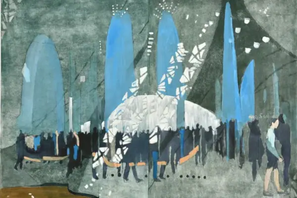 Ein Kunstwerk von Ulrike Koch mitSchatten von Menschen in einer Art Halle.