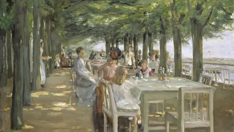 Gemälde von Menschen, die an Tischen unter Bäumen sitzen