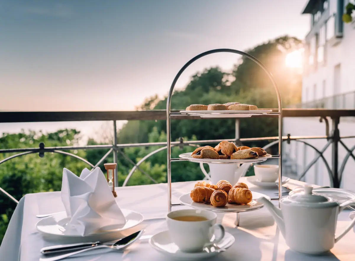 Gedeckter Tisch mit Elbblick und Etagere, Teekanne sowie Tassen.