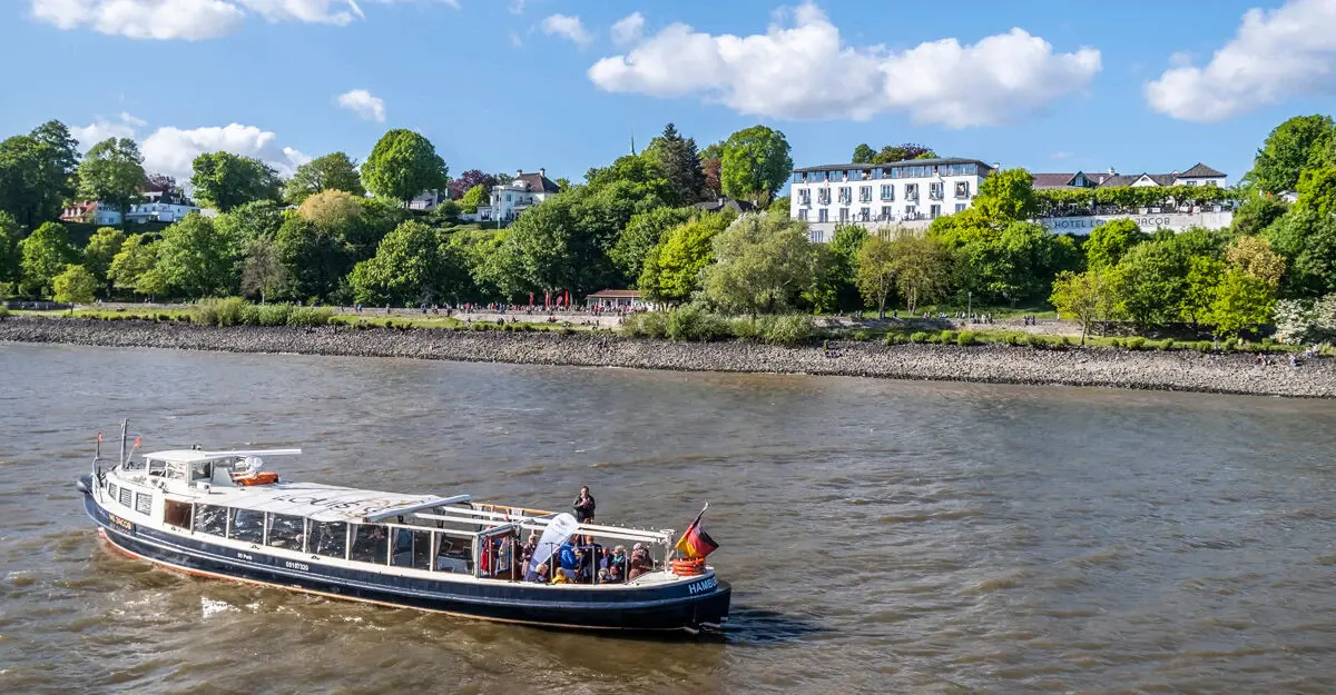 Eine Barkasse fährt bei Sonnenschein auf dem gräulichen Wasser der Elbe. Grüne Bäume wachsen um die Häuser im Hintergrund und der Himmel strahlt blau mit leichten Wolken. 