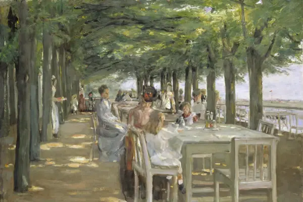Ein Gemälde von Menschen, die an Tischen unter Bäumen sitzen.